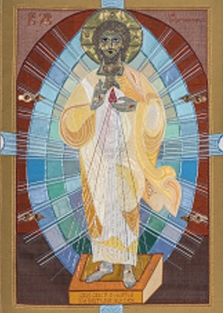 Applikation und Stickerei aus den Kunstwerkstätten Kloster Gethsemani, nach der Ikone 'Jesus Christus der Vielerbarmende' von Elisabeth Rieder